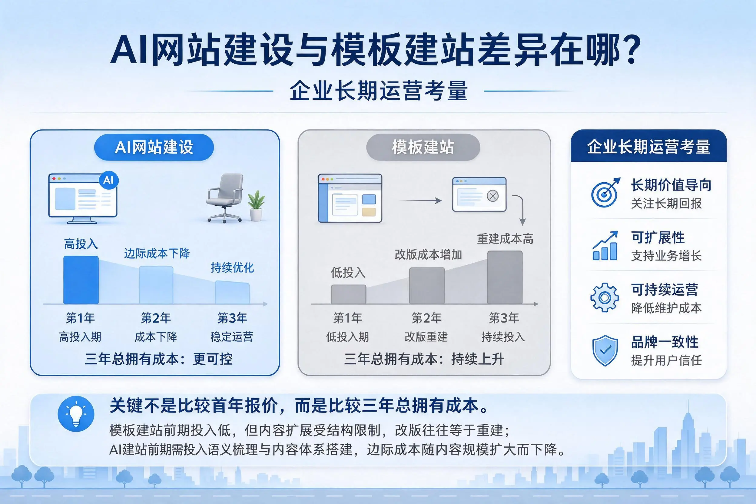 AI网站建设与模板建站差异在哪？扬州企业长期运营考量